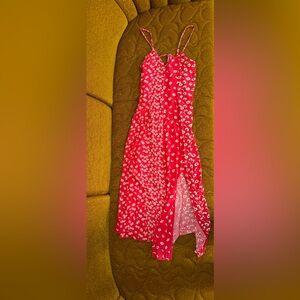 🌼 American Eagle Red Floral Midi Dress XS Daisy Print Tie Front